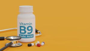 Vitamin B9 supplement folic acid bottle on yellow background 3d illustration. Folic acid aid proper blood formation and prevention of some serious birth defects. Vitamin B9 supplement folic acid bottle on yellow background 3d illustration. Folic acid aid proper blood formation and prevention of some serious birth defects.